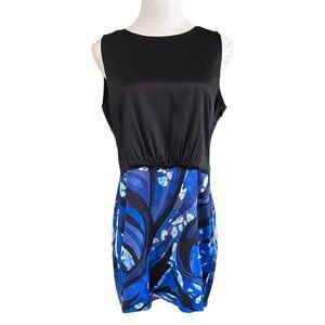 EMILIO PUCCI SILK BLEND BLACK BLUE ABSTRACT PRINT COMBO SLEEVELESS MINI DRESS